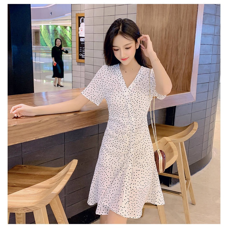 Đầm Dáng Chữ A Tay Ngắn Cổ Chữ V Họa Tiết Chấm Bi Thời Trang Mùa Hè C8455