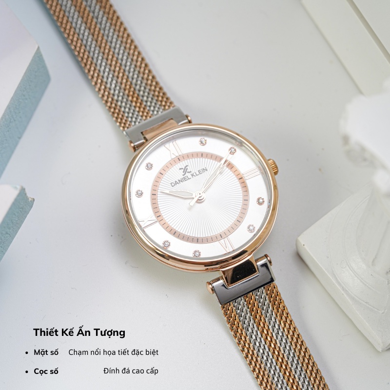 Đồng hồ nữ Daniel Klein Watch DK.1.12560 mặt nhỏ đính đá, kính cứng chống xước, chống nước, dây thép đeo tay cao cấp