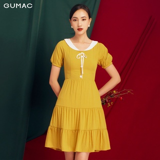 Đầm nữ đẹp nhún tùng GUMAC thiết kế thời trang màu vàng nhiều size DB1142