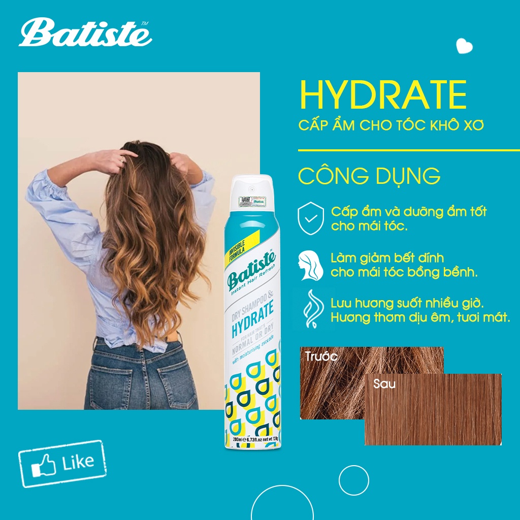Dầu gội khô Batiste Dry Shampoo dòng chuyên sâu giải quyết mọi vấn đề về tóc 200ml