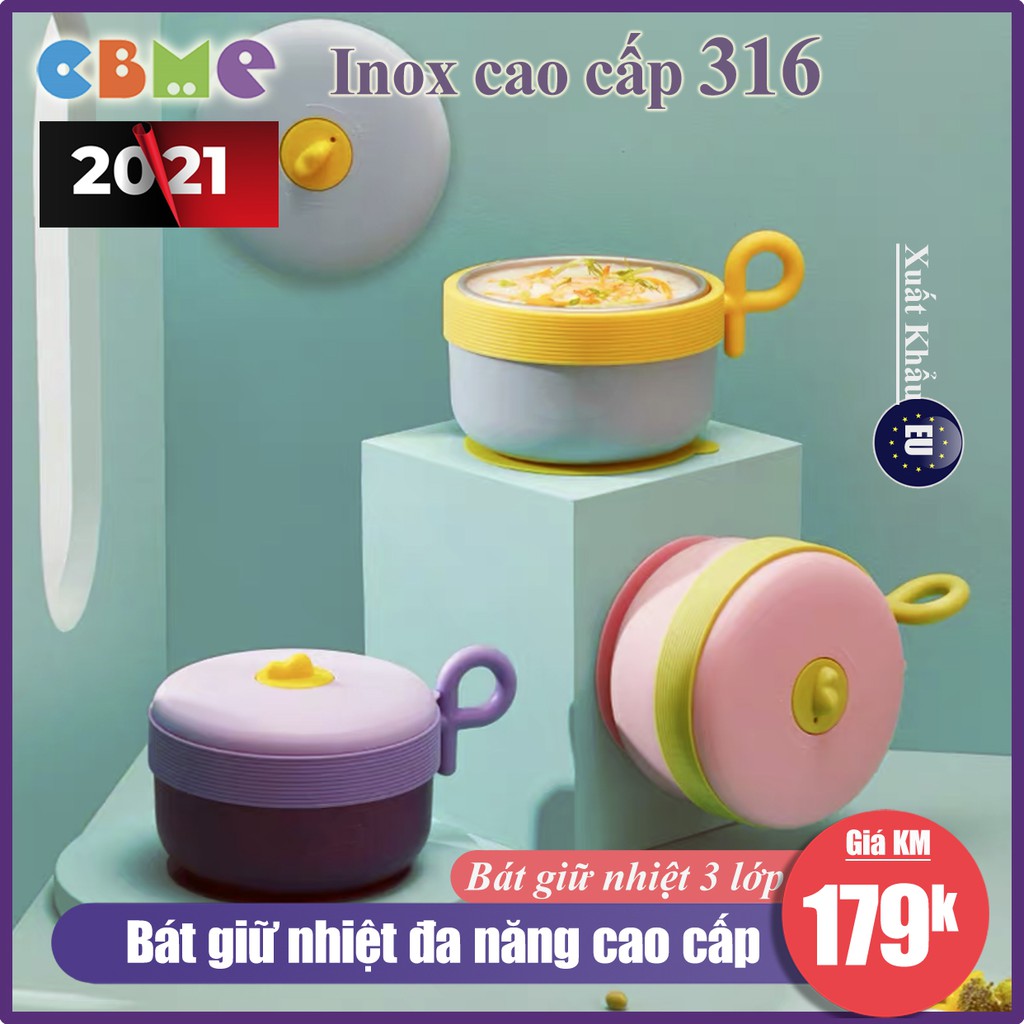 Bát ăn dặm giữ nhiệt 3 lớp Beedol cao cấp cho bé, chống nóng, chống đổ (Ruột INOX 316) CBME