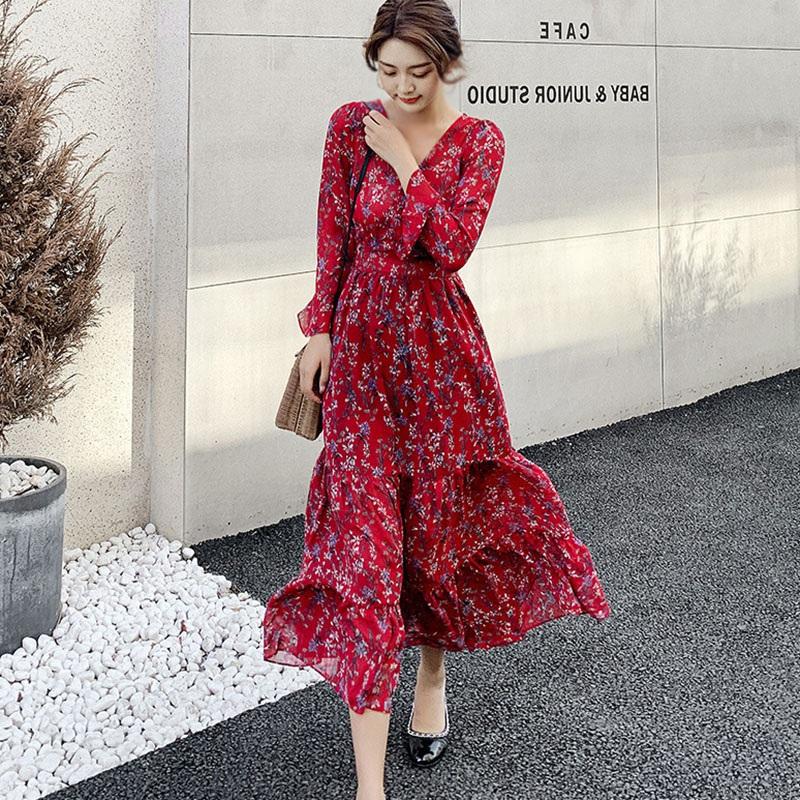 [Baywellfashion]Váy hoa thời trang Chiffon ăn mặc mùa xuân và mùa đông V-neck váy dài tay áo và eo cao