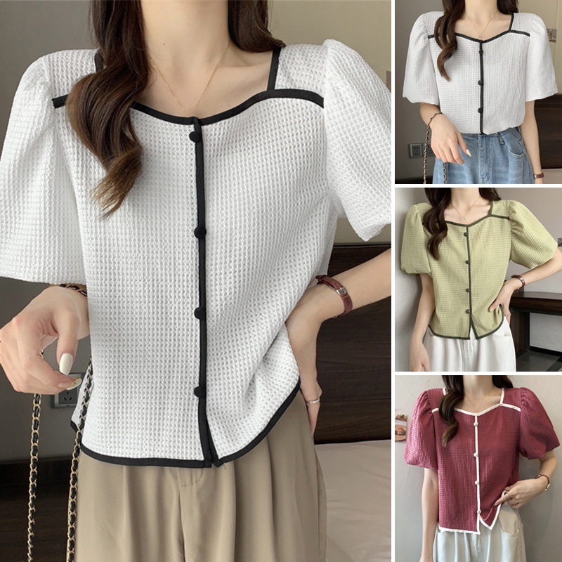 Áo kiểu ZANZEA ngắn tay cổ vuông phối nút thời trang Hàn Quốc cho nữ