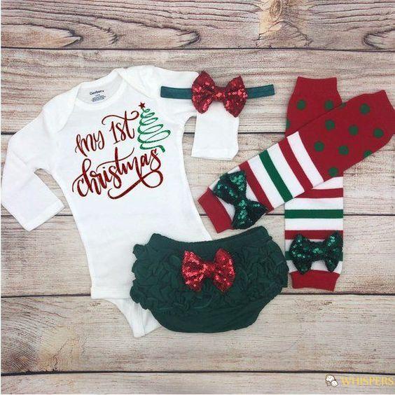 Bộ áo liền quần tay dài cổ tròn in chữ + quần short nhún bèo + băng đô đính kim sa lấp lánh phong cách giáng sinh cho bé sơ sinh