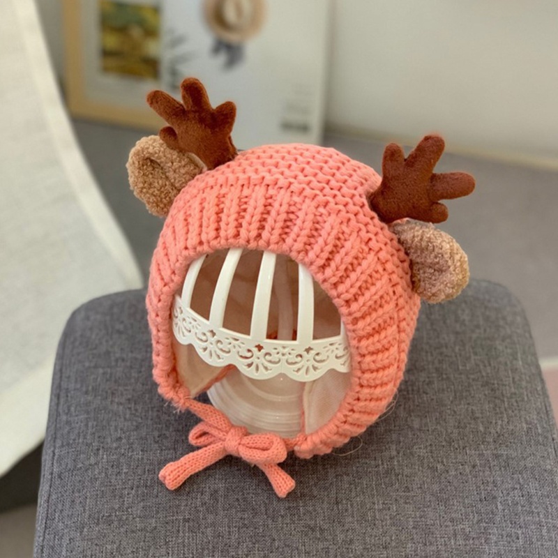 Mũ beanie giữ ấm tai chống gió kèm dây đeo hình tuần lộc dễ thương cho bé sơ sinh