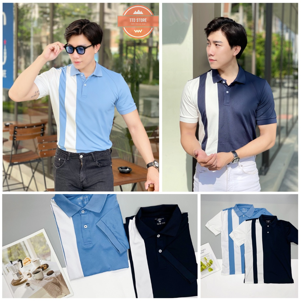 Áo thun polo nam cao cấp tay ngắn phối sọc dọc tay phối cổ đen trắng trẻ trung lịch lãm chất cotton thoáng mát