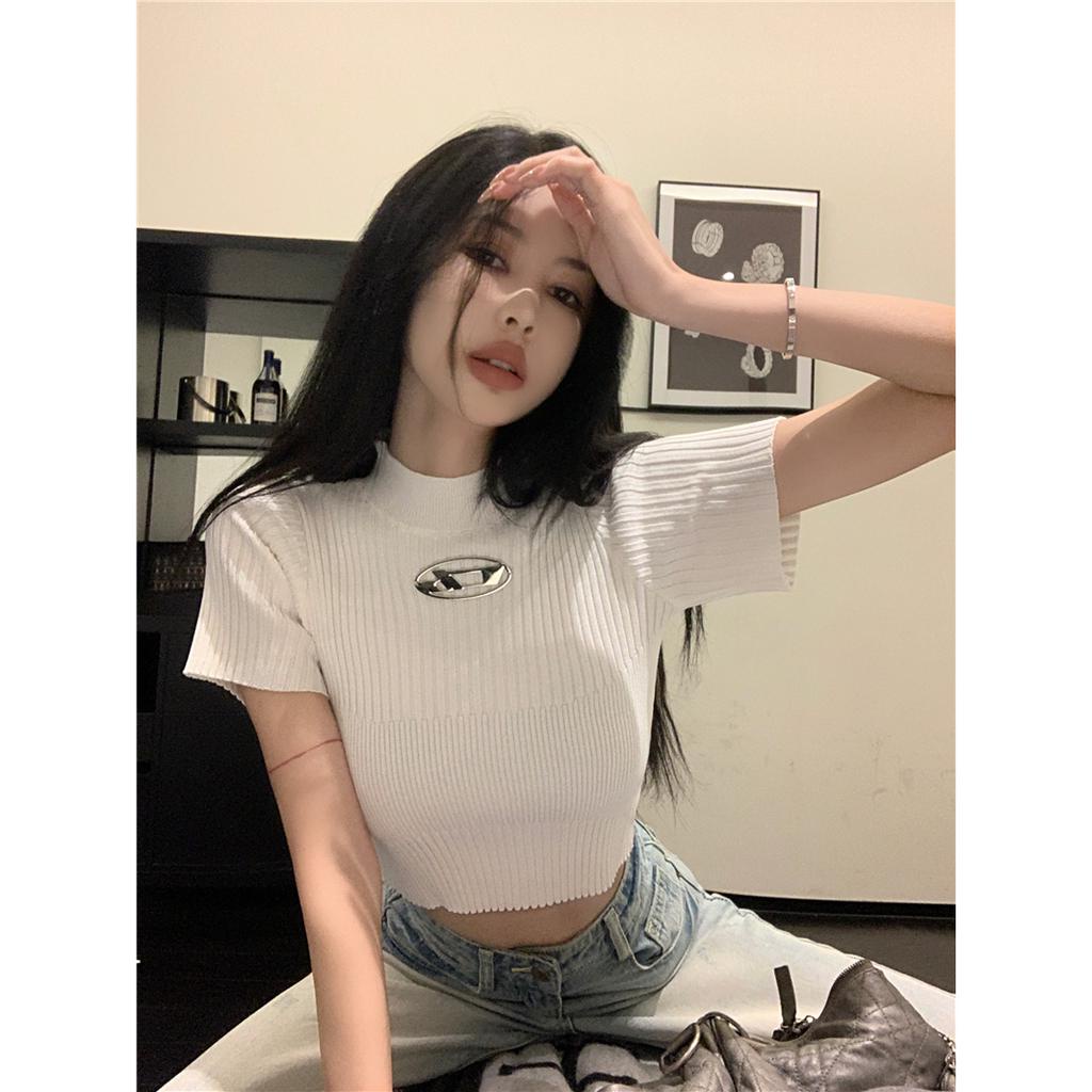 Áo Thun Dệt Kim Tay Ngắn Cổ Tròn Dáng Ôm Phong Cách Mỹ Thời Trang Mùa Hè Cho Nữ
