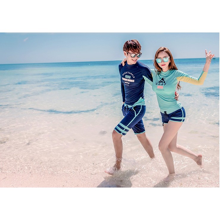 Đồ bơi tay dài nữ, xanh lá cây phối tay vàng 2 mảnh | BigBuy360 - bigbuy360.vn