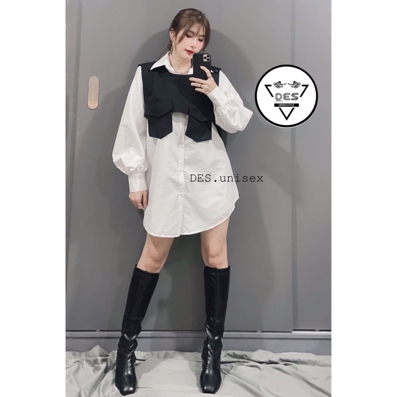 Set đầm sơmi phối ghile 2 nắp túi