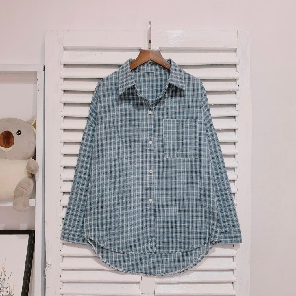 Áo sơ mi nữ sọc caro bảng nhỏ có túi Xàm Xí Shop form rộng tay dài - Shop Xàm Xí
