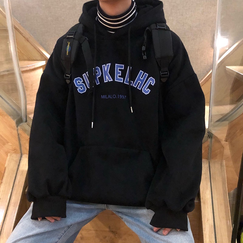 Áo hoodie tay dài lót nhung dày dặn in chữ phong cách Hàn Quốc thời trang mùa đông cho nam size M-5XL