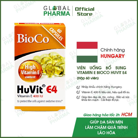 [CHÍNH HÃNG CHÂU ÂU] Viên uống vitamin E Ngăn Quá Trình Lão Hóa, Làm Mờ Tàn Nhang, Vết Nám Bioco Huvit E4 (Hộp 60v)