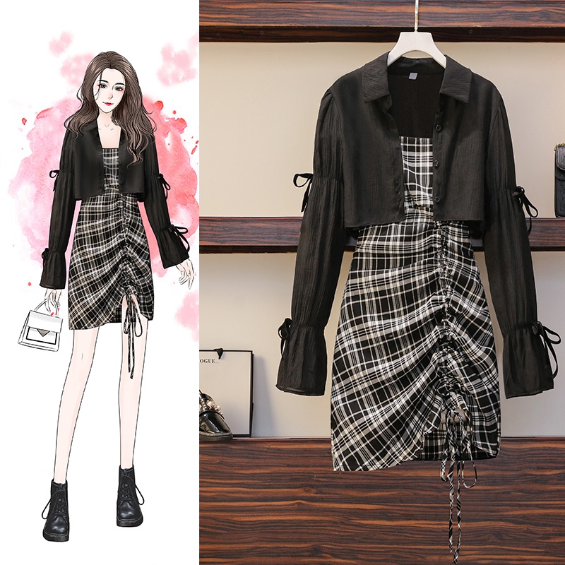 🌸Hàng Order🌸 Váy Đầm Bigsize Sét Váy Kẻ Caro Rút Dây Phối Áo Sơ Mi Tay Bồng Bèo Sexy🌸Hàng Quảng Châu
