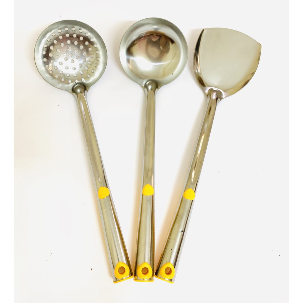 Muôi múc canh inox 304, muôi thủng, Xẻng xào rán - BỘ 5 Dụng cụ nhà bếp Muỗng cơm, Sạn, Vá Canh, Sạn lỗ, Vá lỗ