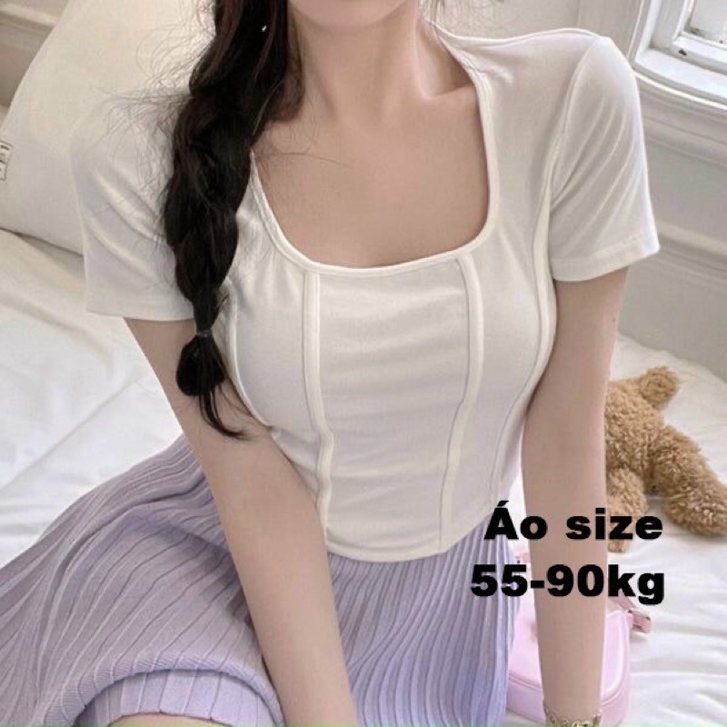 Áo Thun Croptop Lửng Tay Ngắn Bigsize 55 - 90kg Vạt Bầu Cổ Vuông Rộng Sâu gợi cảm Màu Trắng