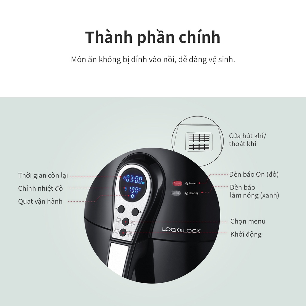 Nồi Chiên Không Dầu Loại 3L LocknLock EJF276, tặng kèm gang tay LocknLock - T2Cmall