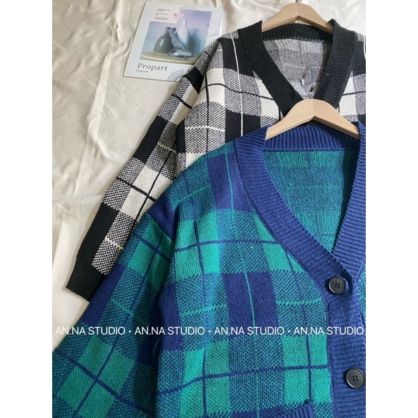 Áo khoác len Cardigan hoạ tiết kẻ ô form rộng dáng xuông