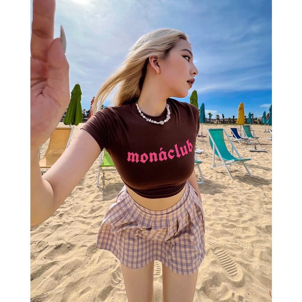Áo Croptop Ôm Body alohashop91 Cổ Tròn Tay Ngắn In Chữ Mona Club