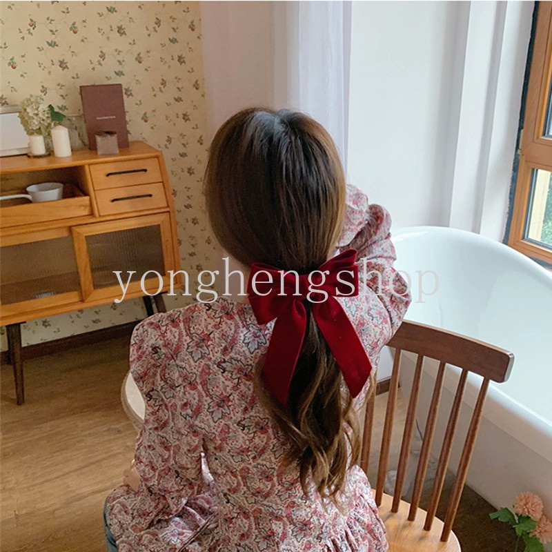 Kẹp Tóc Nơ Vải Nhung Màu Đỏ/Đen Vintage Dành Cho Nữ