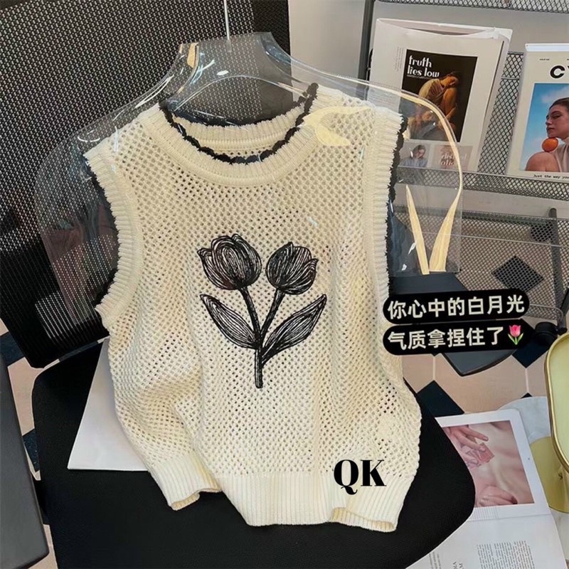 Áo Len Lưới Tanktop Bông hoa  Sắc Nét, Chạy Viền Đen Nổi Bật 160