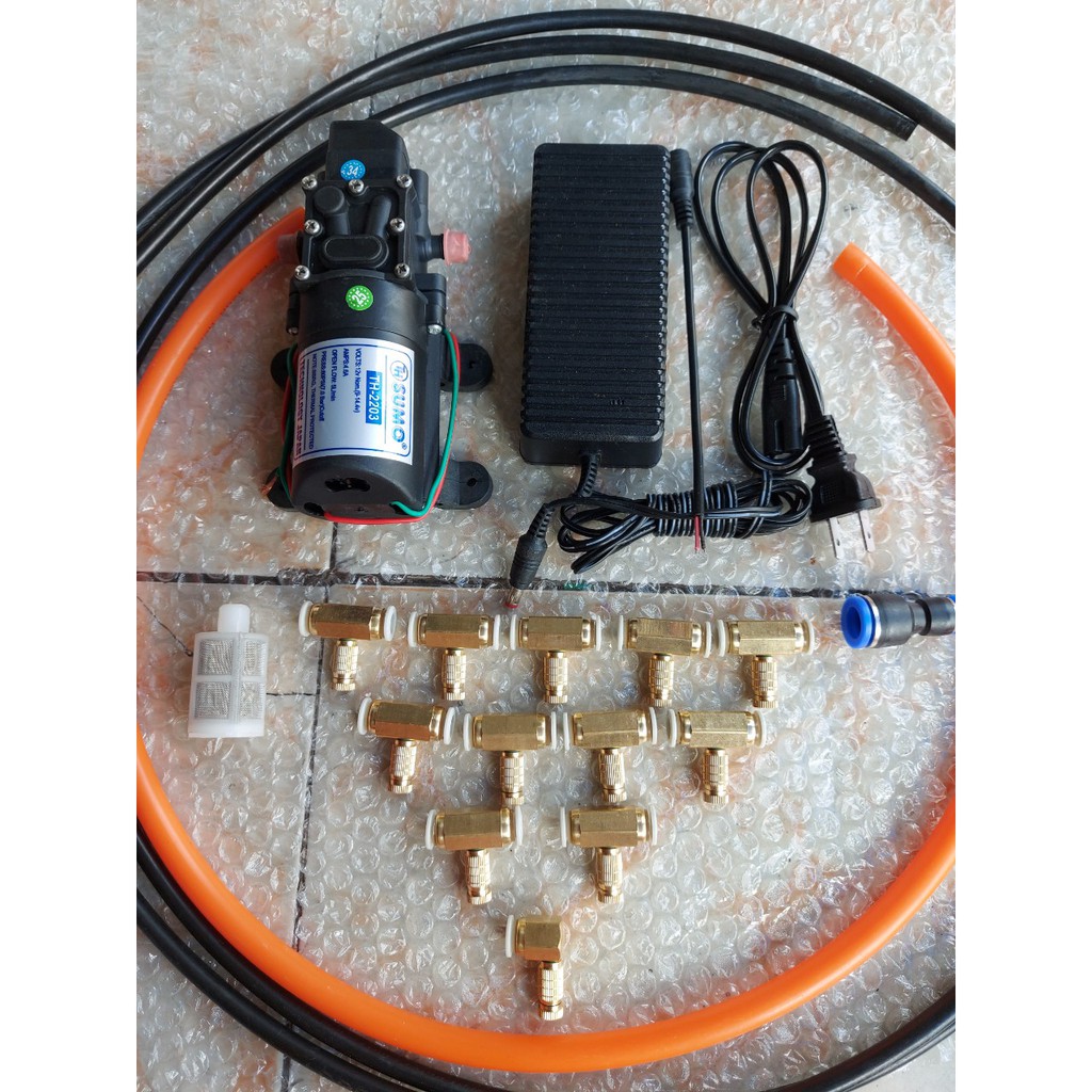 Bộ phun sương. tưới lan. bộ bơm sumo Đen kèm ng,uồn 12v_5a. 15m dây phun. 10 béc đồng. giúp làm dịu mát căn nhà và vườn