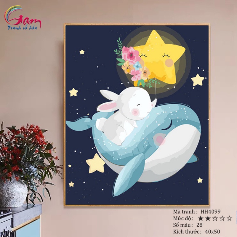 Tranh số hoá Gam cá voi xanh dễ thương căng khung 40x50cm HH4099