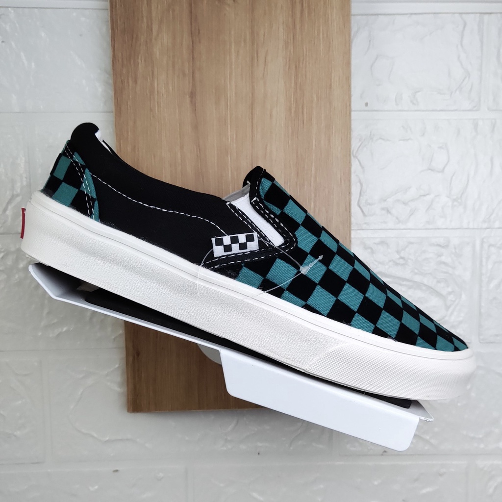 Giày Thể Thao Van Slipon Caro Xanh Đen, Giày Lười Caro Xanh Đen Nam Nữ Fullbox