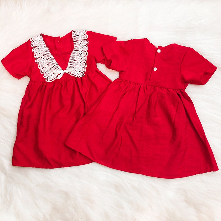 Đầm xòe đỏ phối ren đáng yêu cho bé 1-7 tuổi chất cotton nhẹ mát họa tiết đơn giản nhẹ nhàng BBShine – D067
