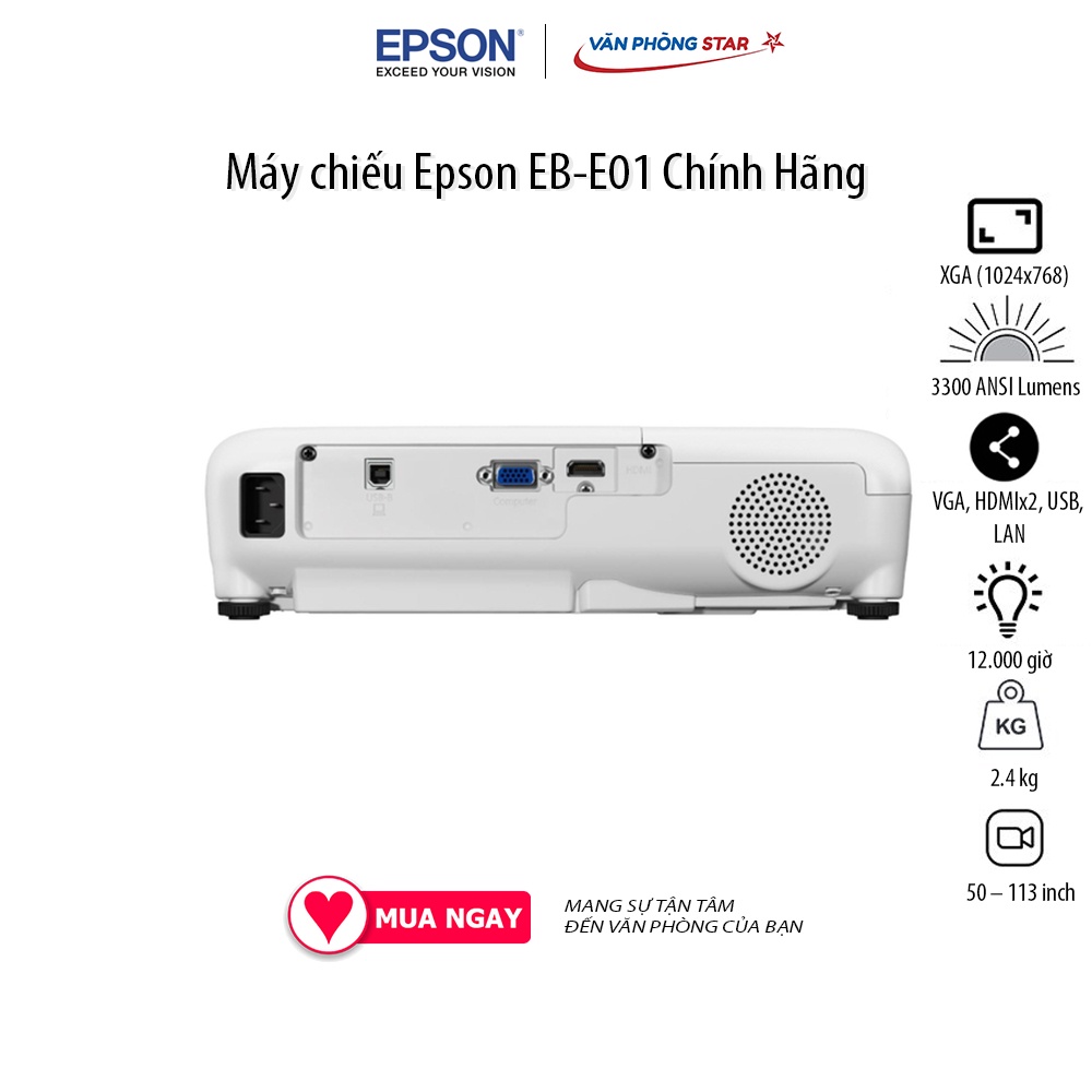 Máy chiếu Epson EB-E01 Độ phân giải XGA (1024×768) Cường độ sáng 3300 Lumens, Tuổi thọ bóng 12.000 giờ Vanphongstar