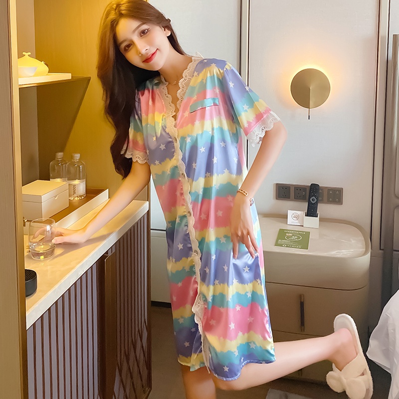 Đầm Ngủ Tay Ngắn Bằng Lụa Satin Thoải Mái Thời Trang Phong Cách Hàn Quốc Cho Nữ Size M-2XL