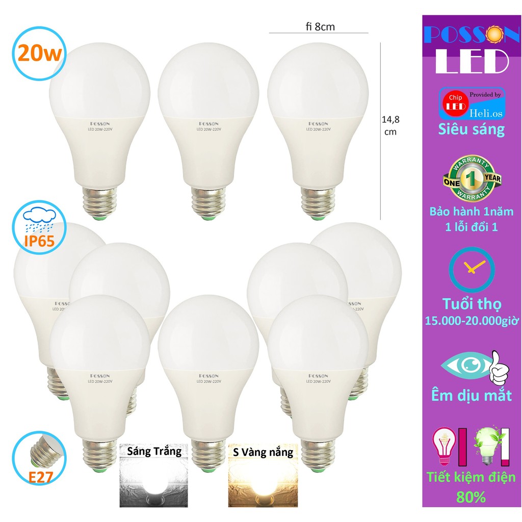 10 Bóng đèn Led 20w bup tròn A80 tiết kiệm điện siêu sáng kín chống nước Posson SG LB-20x