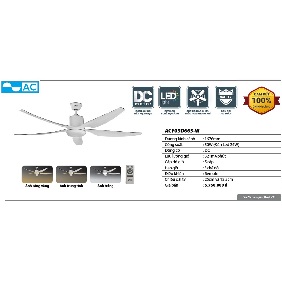 QUẠT TRẦN 5 CÁNH ACF03D665-W HÀNG CHÍNH HÃNG AC