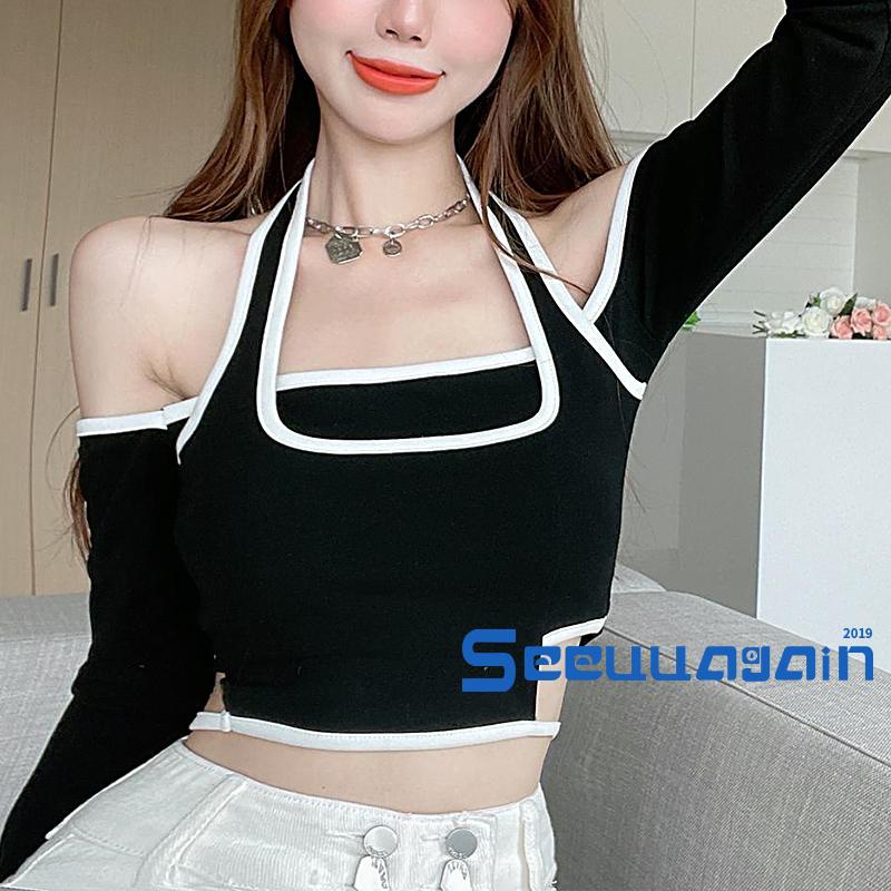 Áo Thun Lửng Tay Dài Hở Vai Thời Trang Cho Nữ Đen