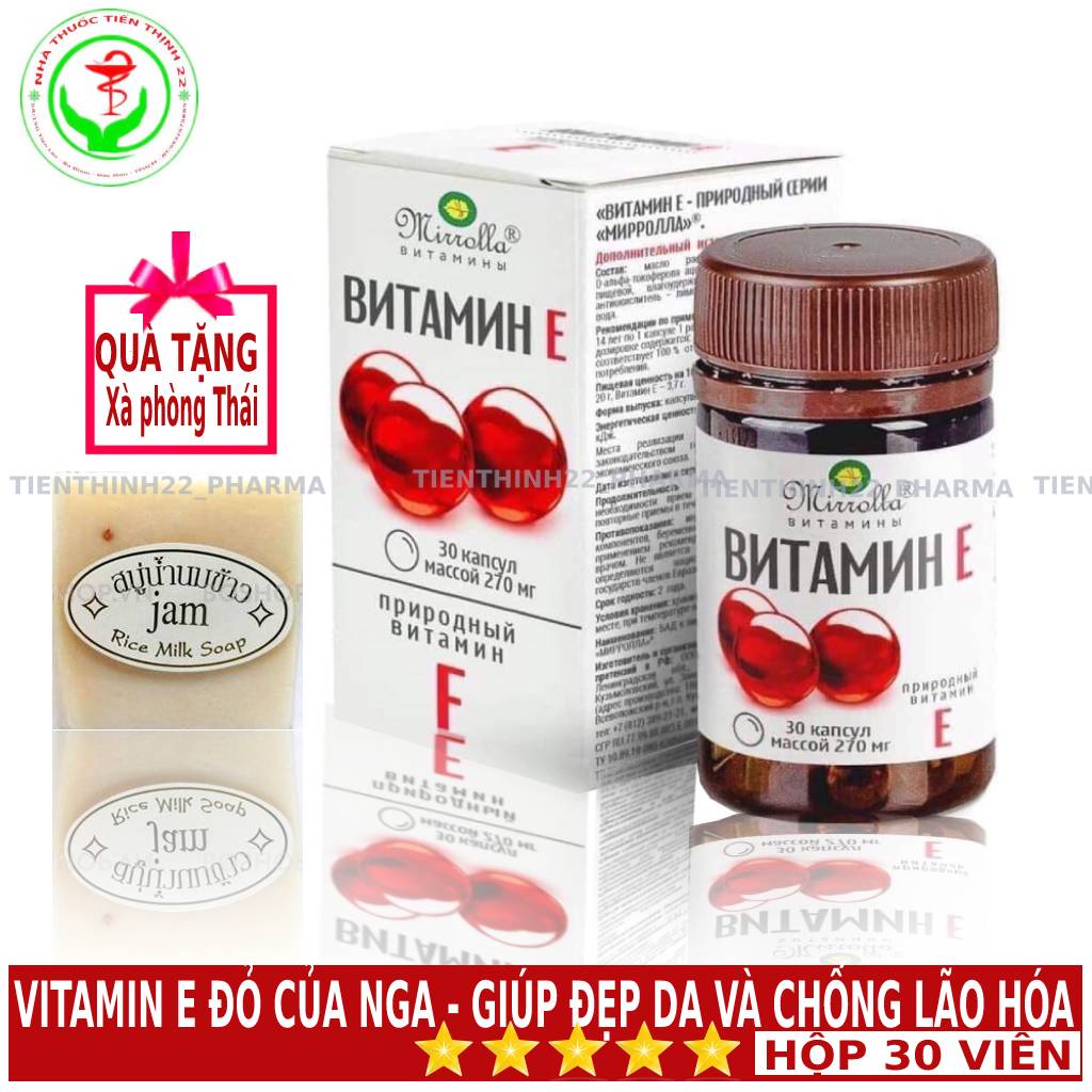 𝐕𝐢𝐭𝐚𝐦𝐢𝐧 𝐄 đỏ của Nga Giúp đẹp da và chống lão hoá Hộp 30 viên -Tặng xà phòng trắng da Thái lan