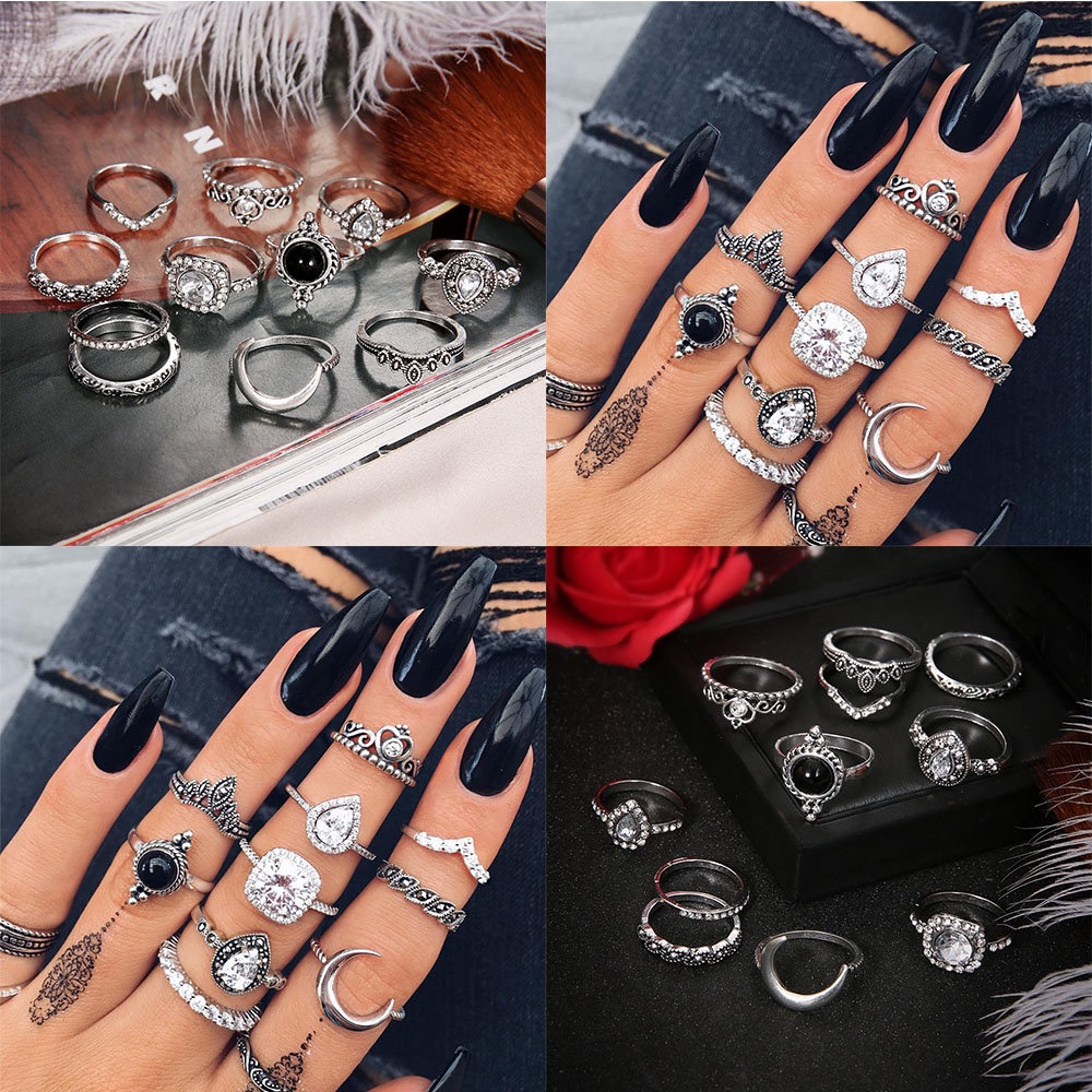 Set 11 Nhẫn Bạc Đính Đá Thời Trang Cho Nữ