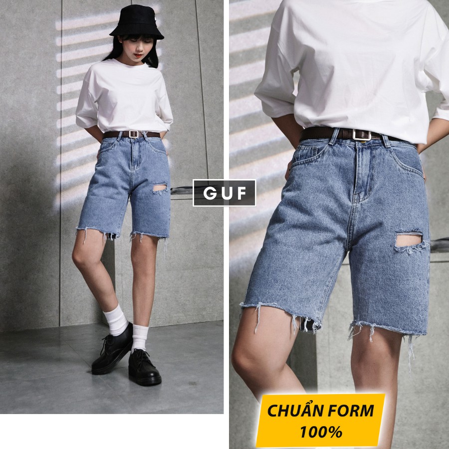 Quần Short Jean Nữ Rách Gấu Cap Cao Dáng Rộng GUF