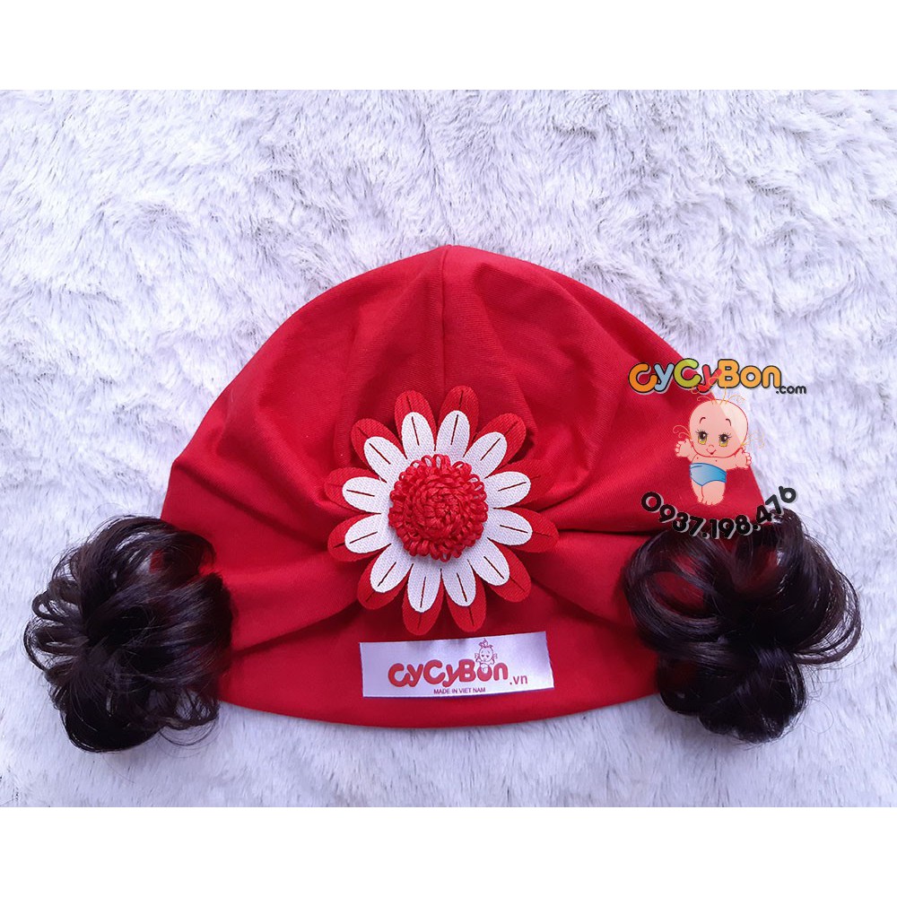 Mũ Nón Turban Tóc Giả Cho Bé Gái Thun Cotton Bao Co Giãn Đính Bông Cúc Đỏ Trắng Có Size Từ Sơ Sin