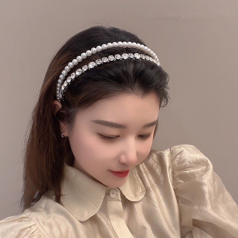 Băng Đô Cài Tóc Hai Hàng Đính Đá Và Ngọc Trai Nhân Tạo Phong Cách Hàn Quốc Sang Trọng