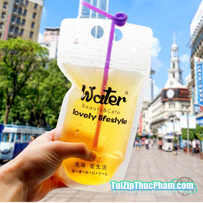100 cái túi zip MIS đựng trà sữa 500ml size 13x23 cm túi zipper nhựa thực phẩm có quai xách, có in hình chất lượng cao