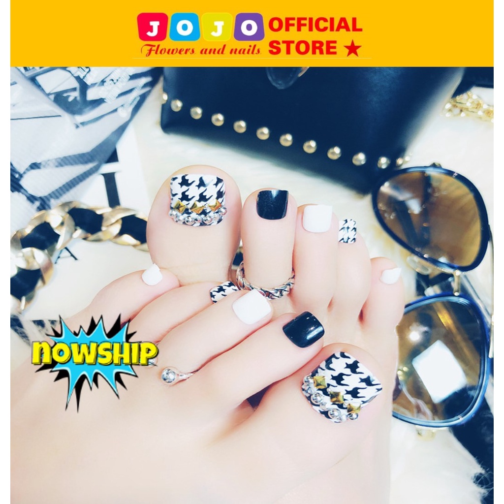 Set 24 móng chân giả đính đá J13 Jojo móng giả thời trang kèm keo tự làm tại nhà