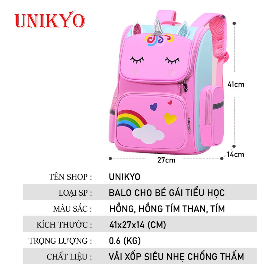 Balo cặp đi học trẻ em chống gù chống nước Unicorn ba lô học sinh tiểu học cho bé gái siêu nhẹ có phản quang Unikyo UN03