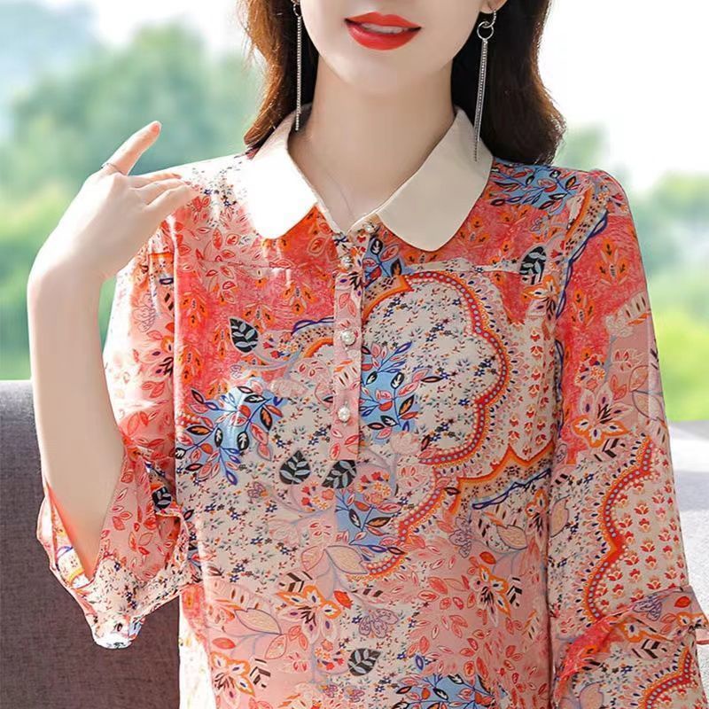 Áo Sơ Mi Chiffon Tay Lửng Cổ Bẻ In Họa Tiết Hoa Phong Cách Phương Tây Thời Trang Mùa Hè Dành Cho Nữ