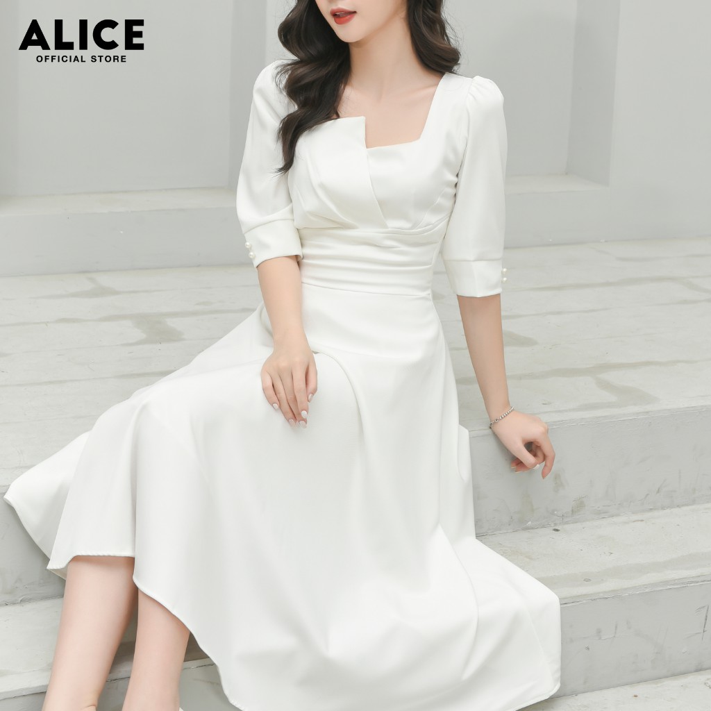 Váy Nữ Xếp Ly Cổ Vuông ALICE Thiết Kế Dáng Dài Xòe Tay Lỡ Thắt Eo Cho Nữ Đi Chơi, Đi Dự Tiệc V677