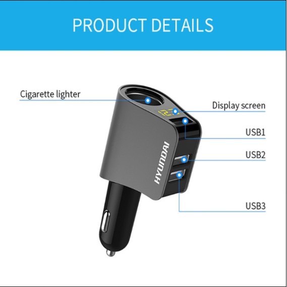 Tẩu sạc oto, tẩu sạc xe hơi hyundai 3 cổng USB có màn hình hiển thị điện áp và một lỗ tẩu - SEVEM.CAR