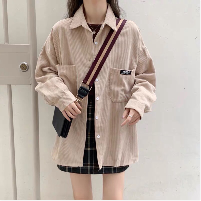 Áo Khoác Sơ Mi Nhung Gân Phối 2 Túi Hộp Phong Cách Hót Trend Super Fashion