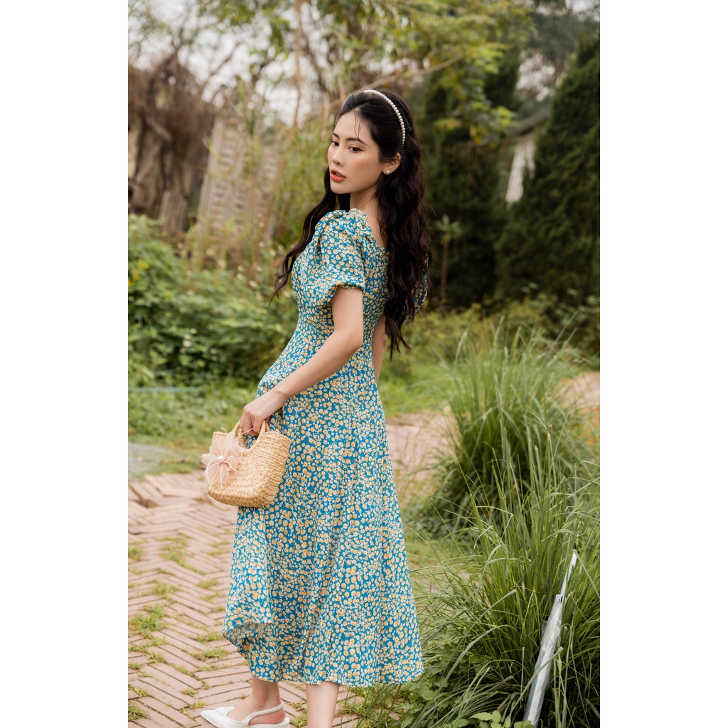Váy hoa nữ ngắn tay dáng dài cổ vuông màu xanh hoa vàng chất tằm cao cấp YAME