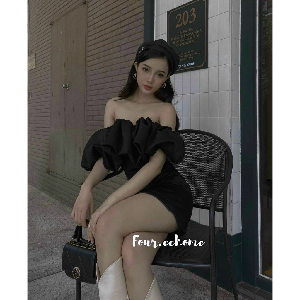 Đầm trễ vai bồng ngực 2 màu trắng, đen