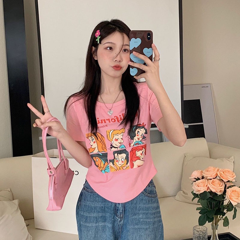 IELGY Áo Thun Tay Ngắn Hở Vai In Họa Tiết Hoạt Hình Màu Trơn Thời Trang Cho Nữ