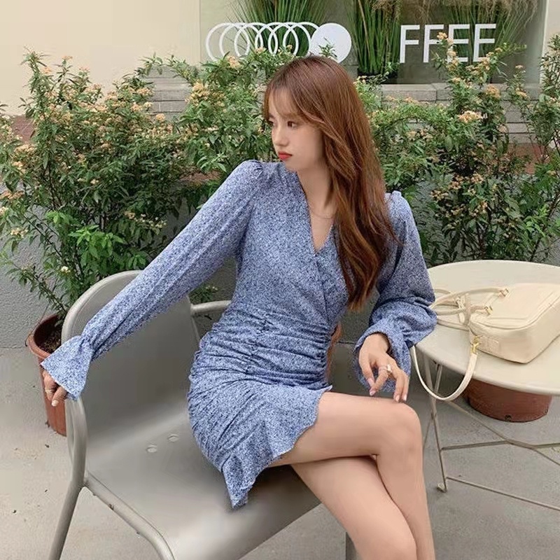 Đầm PERTY cổ chữ V họa tiết hoa phong cách Hàn Quốc thời trang mùa hè xinh xắn dành cho nữ