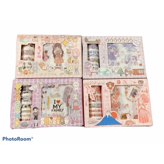 Hộp sticker kèm băng washi hoạt hình dễ thương, gồm 9 miếng sticker và 7 cuộn washi tape